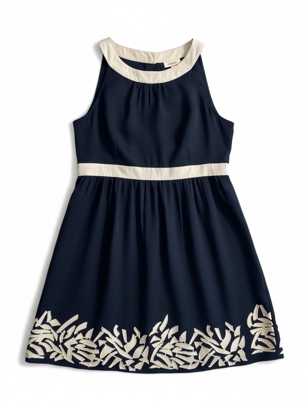 LOFT Women’s Black A-line Dress with Beige Trim and Hem Motif 6P